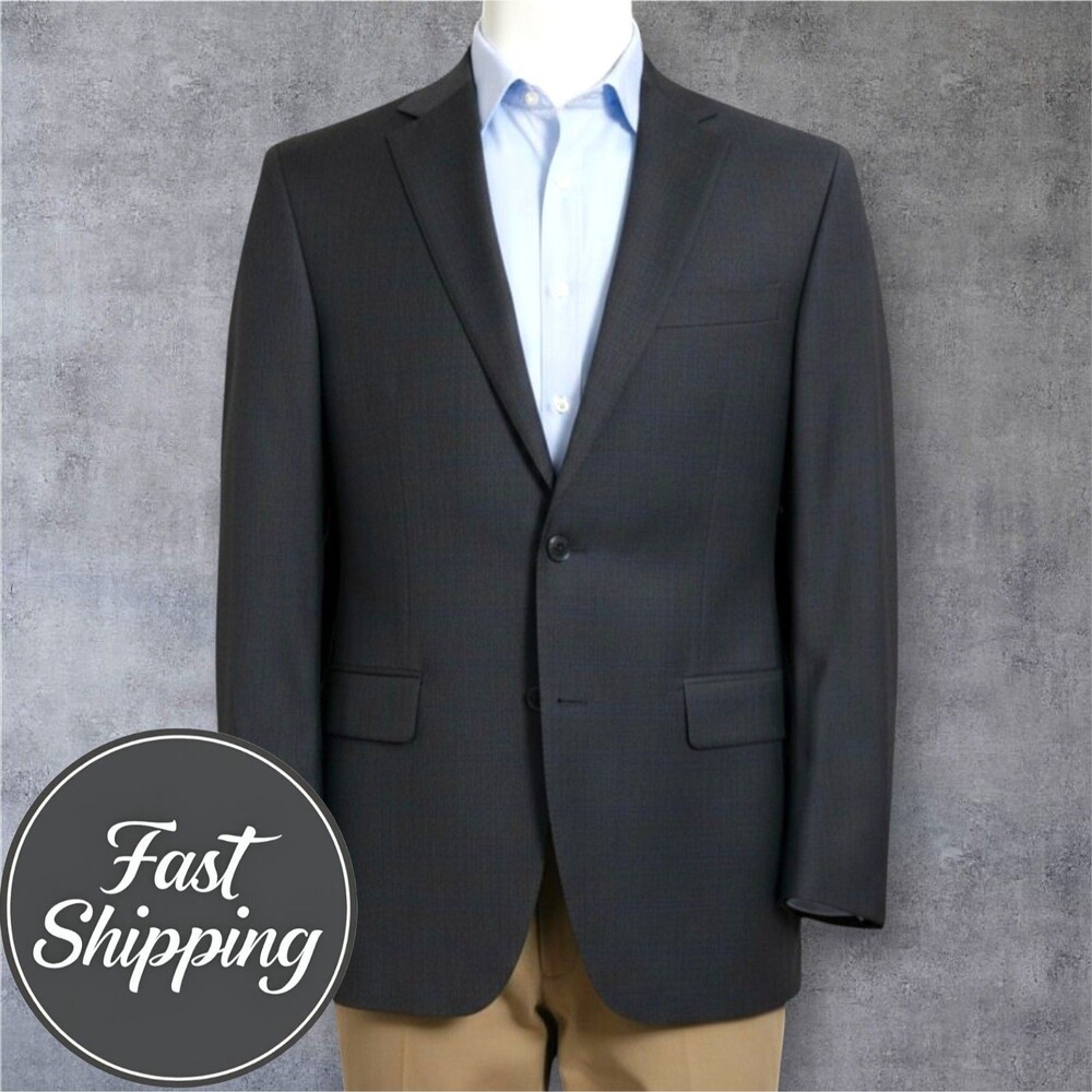 CALVIN KLEIN Men Blazer 46L Gray/Blue Wool Sport Coat 2-Button Jacket Windowpane